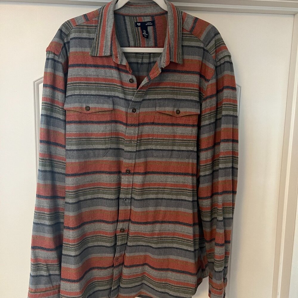 Gap Button Down Flannel - Grey/Orange/Blue Stripe - XL